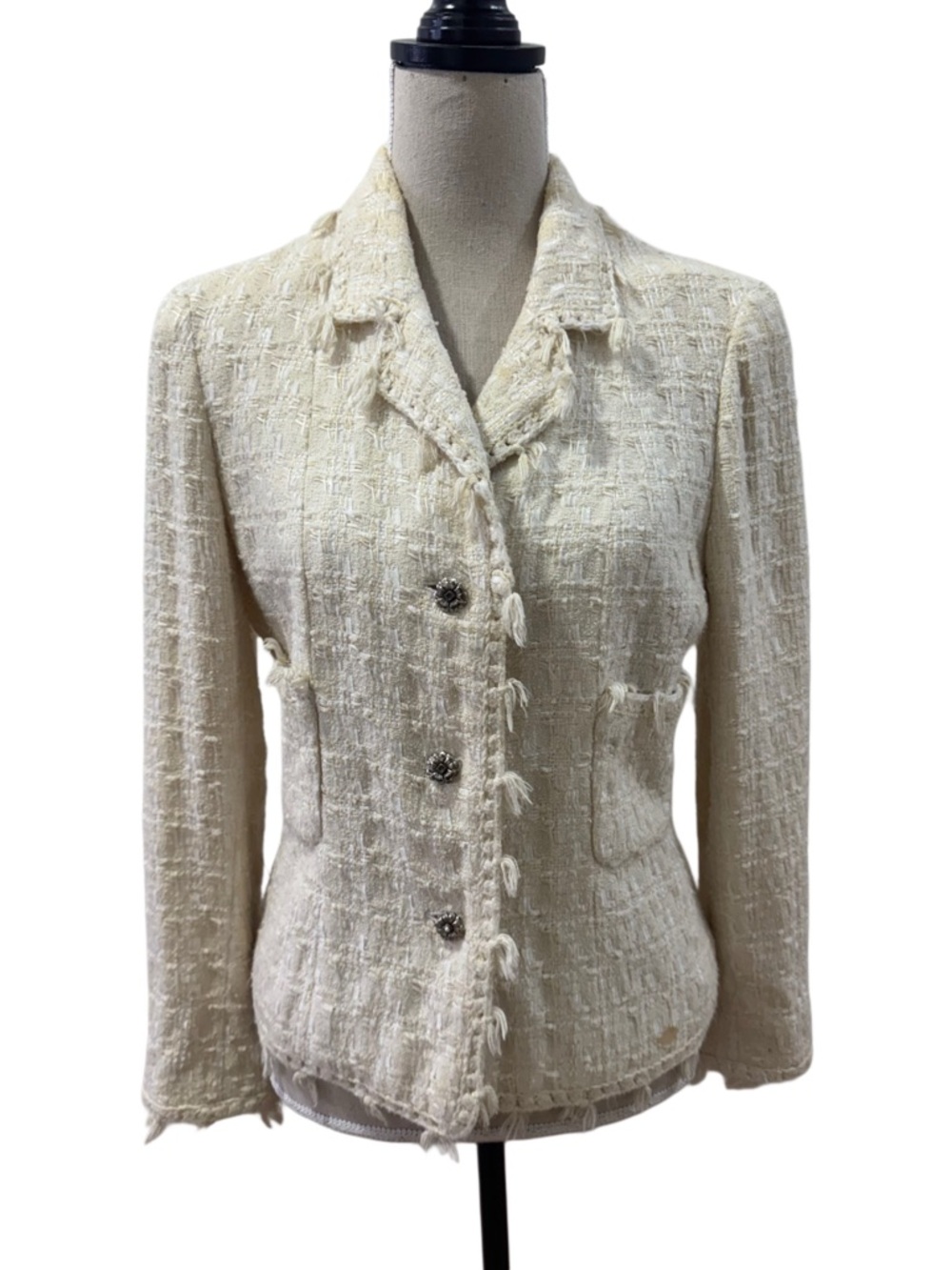 CHANEL Cream Tweed Fringe-Trim Blazer